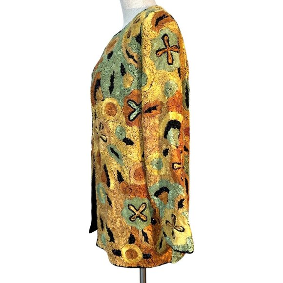 VTG Womens Floral Beaded Jacket Green Orange Black Long Sleeve Ribbon Embroidery - Picture 5 of 6